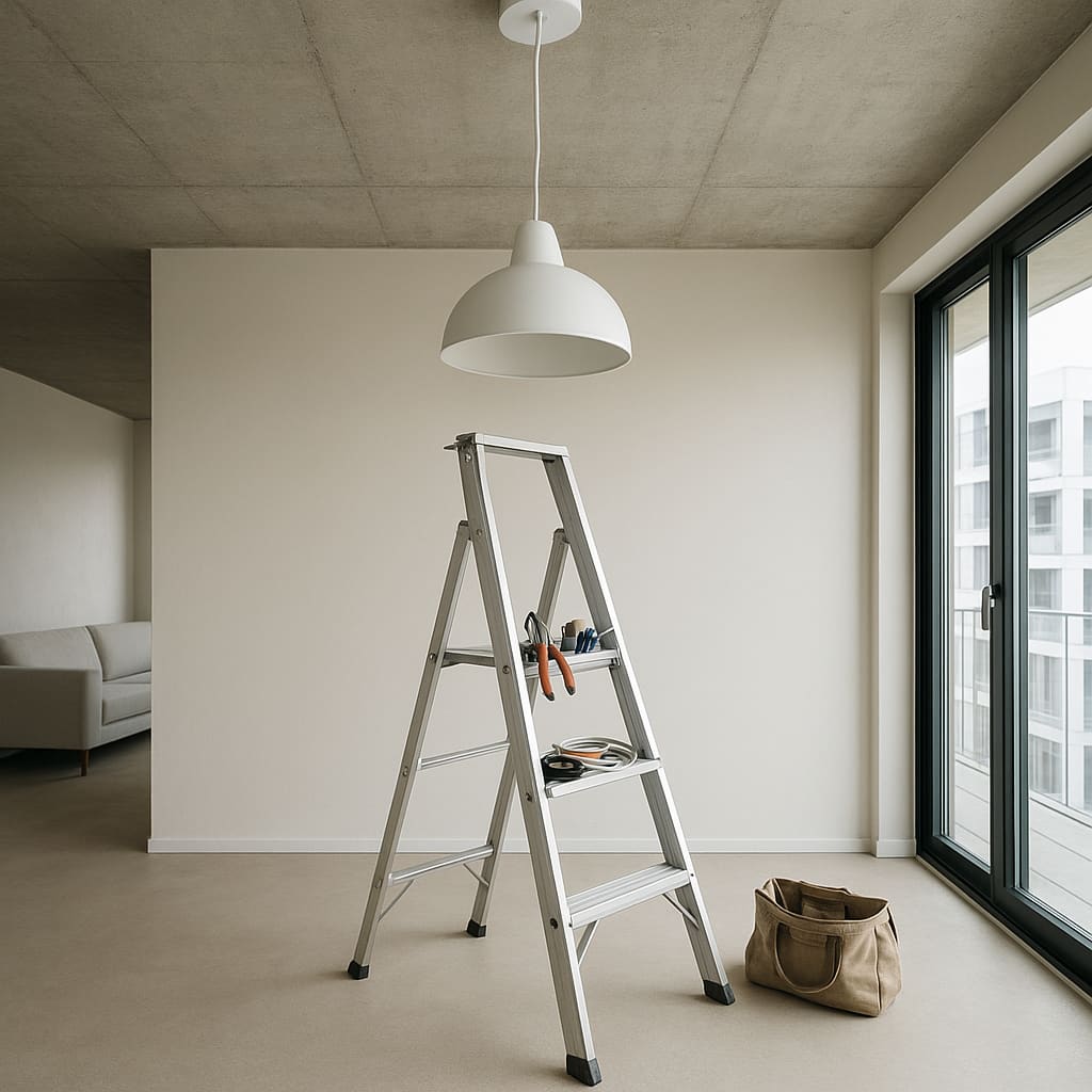 Techniker montiert eine Deckenlampe in einer hellen Wohnung