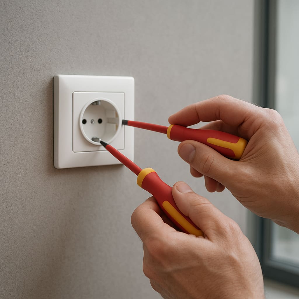 Nahaufnahme eines Elektrikers beim Austausch einer Steckdose